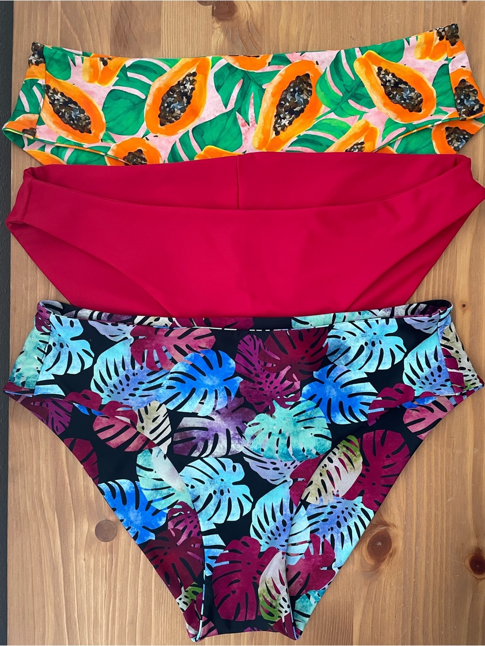 High-Waist Bikini Bottoms Trio — Tropical Print, Solid Red & Multicolor Leaf